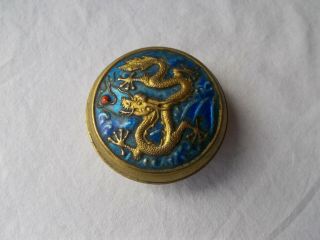 Chinese Dragon Blue Enameled Round Brass Trinket Box With Lid