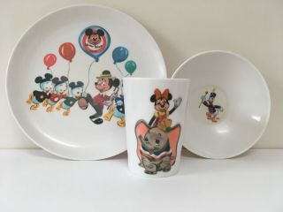 Vintage Mickey Mouse Club Melamine Set Plate Bowl Cup Dumbo Minnie Donald Duck