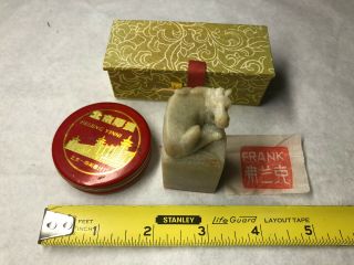 Hand Carved Chinese Stone Dragon Seal Stamp Frank Sculpture W/ink Tin & Box