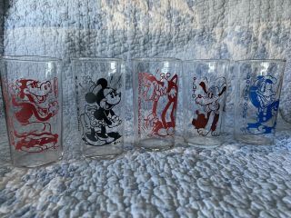 Vintage 5 Disney Glasses,  Donald Duck,  Pluto,  Horace,  Clarabelle & Minnie