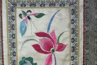 Antique 19thC Chinese Floral,  Butterflies & Fish Silk Embroidery Panel Framed 3