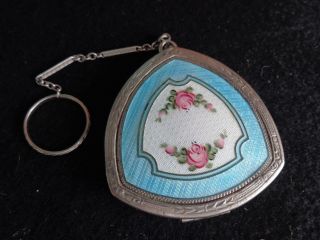 Vintage Floral Pink Rose Blue Enamel Guilloche Dance Compact W/ Finger Ring