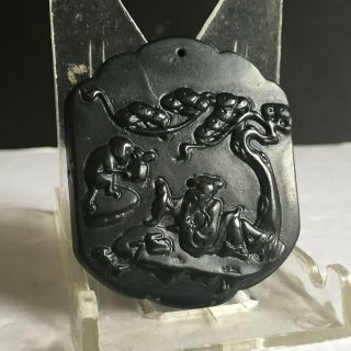 Vintage Antique Chinese Black Onyx Obsidian Stone Carved Pendant Monkey God
