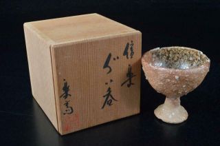 E5633: Japanese Shigaraki - Ware Youhen Pattern Guinomi Sake Cup W/signed Box