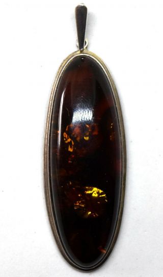 Vintage Large Sterling Silver And Natural Untreated Baltic Amber Pendant
