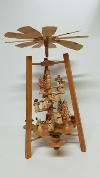 Vtg Erzgebirge German Wood Christmas Pyramid Candle Windmill Santa Angels 15 "