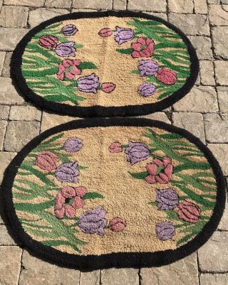 Set Of Vtg Wool? Hand Made Hooked Tapestry Rug Carpet Floral Flowers Black
