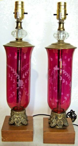 Pair Vintage Etched Cranberry Glass Base Table Lamps - Wooden Base - Brass
