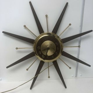 Vintage Mid Century Modern United Starburst Electric Wall Clock Sunburst 24”