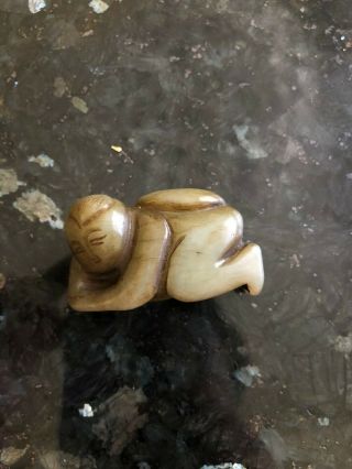 Antique Chinese Hand Carved Jade Child With Ruyi Figure