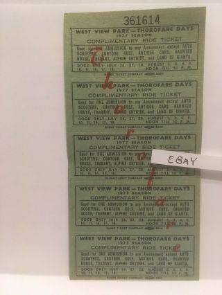 1977 West View Amusement Park Pittsburgh Pa Thorofare Complimentary Ride Tickets
