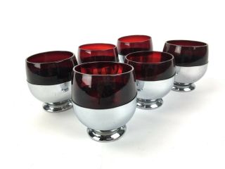 Vintage Chase " Gaiety " Ruby Glass & Chrome Cocktail Glasses Set Of 6