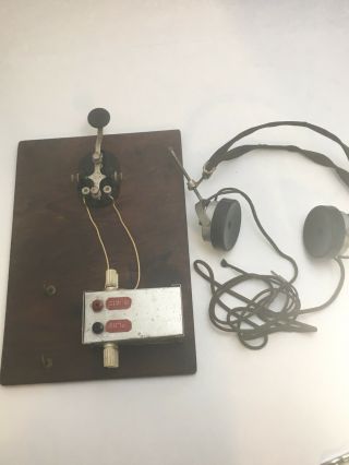 Vintage Speed - X Telegraph Key Morse Code Key Board W/ Crosley Headset Radio