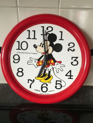 Vintage Lorus Disney Mickey Minnie Mouse Wall Clock Round Red Plastic