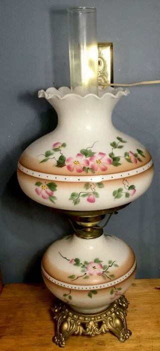 Vtg Hurricane Gone With The Wind Electric Lamp Hand Painted Lotus Flowers