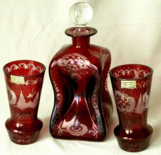 Vintage Set 3 Egermann Bohemian Czech Ruby Red Glass: Decanter Goblet /vase