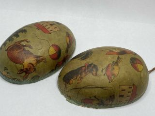 Vtg 3 1/2 Paper Mache Easter Egg Candy Container German ? Rabbit Dog Rooster