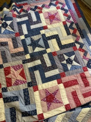 Vintage Hand Made Full Queen Patchwork Quilt Red Beige Blue American Stars 95x84