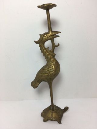 Vintage Chinese Brass Dragon Bird On Turtle Tortoise Cone Incense Burner 8”
