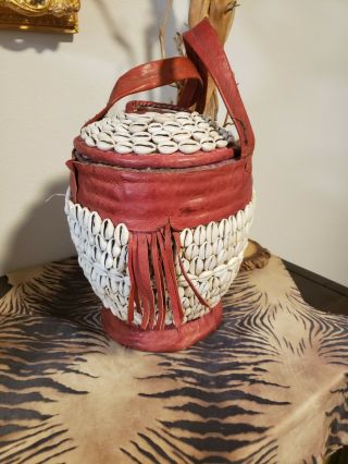 Cowrie Shell Red Leather Money Basket Nigeria Vintage