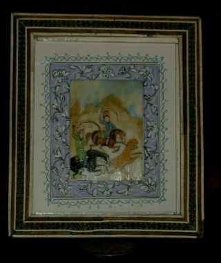 Vintage Persian Miniature Painting Khatam Inlaid Frame 4 3/8 X 5 (1)