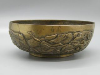 Fine Old Chinese Solid Brass Incense Burner Censer Bowl W/figural Dragon Signed