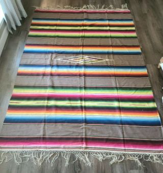 Vintage Mexican Woven Wool Serape Saltillo Blanket Throw Fringe 65x90 " Multi