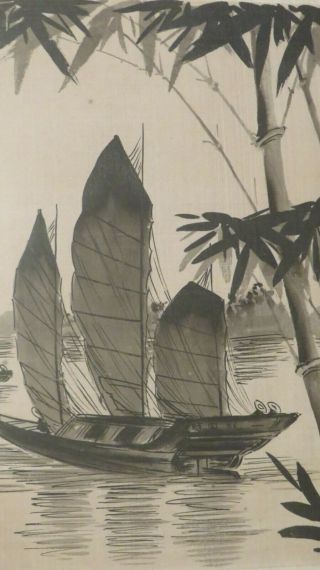 Vintage Oriental Chinese Paintings On Silk Junk Sailing Boat Scene - Red Seal
