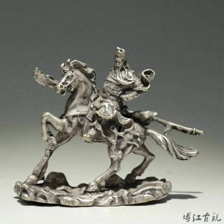 Collect China Old Miao Silver Hand - Carved Ride Horse Guan Gong Souvenir Statue