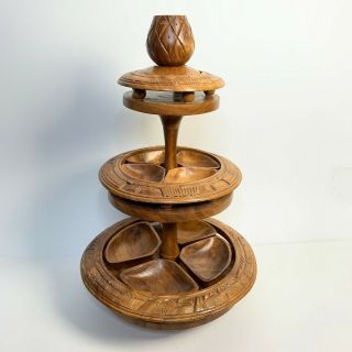 Vintage 3 Tier Tiki Hand Carved Monkey Pod Lazy Susan Serving Party Event Tray