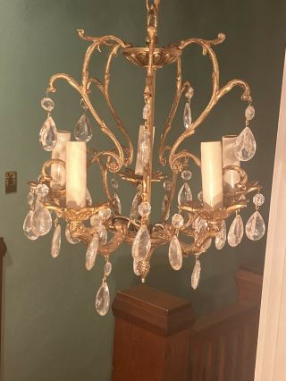 Vintage Brass And Crystal Hanging Light Fixture Chandelier