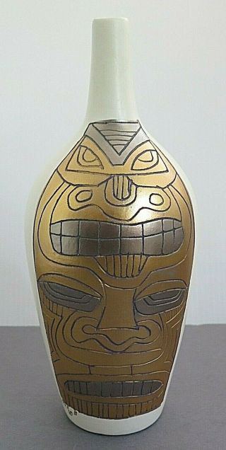 Vintage Sascha Brastoff Art Pottery 8 1/4 " Vase W/gold Tiki Style Face A301