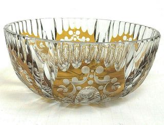 Vintage Bohemian Czech Art Glass Amber Cut To Clear Crystal Bowl 8 1/2 "