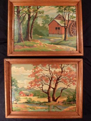 Vintage Paint By Numbers Barn / Mill Pair Fall Autumn Oak Frames Signed Exc