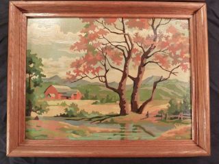 Vintage Paint By Numbers Barn / Mill Pair Fall Autumn Oak Frames Signed Exc 2