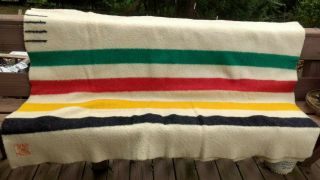 Early Hudson ' s Bay 4 POINT VINTAGE Wool Blanket ENGLAND White W/ Stripes 2