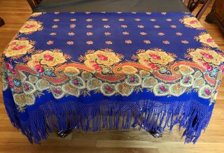 Vintage Large Fine Challis? Wool Shawl Piano Scarf Tablecloth Fringed 66”x 62”