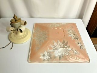 Vintage 14 " Pink Square Thick Glass Ceiling Light Shade Embossed W/fixture