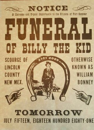 Vintage Billy The Kid Funeral Notice On Brown Parchment Paper Made In Usa 1970 