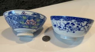 2 Vintage Antique Chinese Porcelain Rice Soup Blue White Bowls