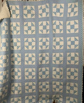 Light Blue White Vintage Hand Quilted Patchwork Squares Heavy Cotton Full Quilt