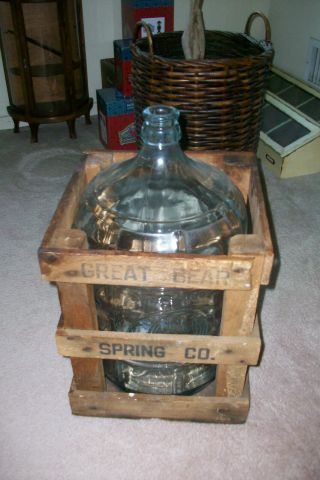 Vintage Set Of Great Bear Bottled Water Glass 5 Gallon Bottle.  And Wooden Crate
