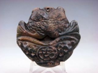 Old Nephrite Jade Hand Carved 2 Carps Blessing Character Pendant 01081912