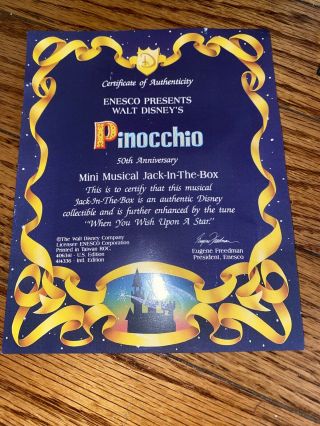 Pinocchio 50th Anniversary Musical Jack In The Box Enesco w/ Box & Paper 2