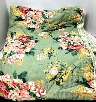 Vintage April Cornell Pink Roses On Sage Green Floral Bedspread 90 X 106 Inch