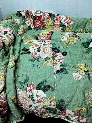 Vintage April Cornell Pink Roses on Sage Green Floral Bedspread 90 x 106 Inch 2