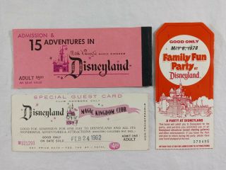 Vintage Disneyland Walt Disney Magic Kingdom Admission Tickets Family Fun Party