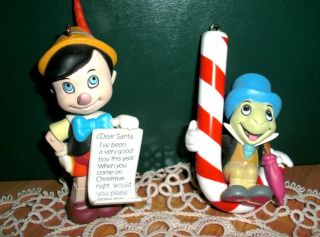 2 Grolier Disney Collectible Ornaments Mickey&friends Jiminy Cricket & Pinocchio