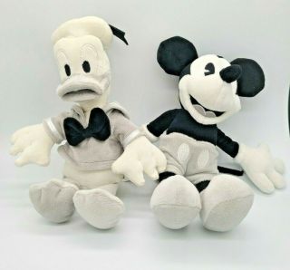 Disney Parks Black White Gray Mickey Mouse And Donald Duck 7” Plush Stuffed Toy
