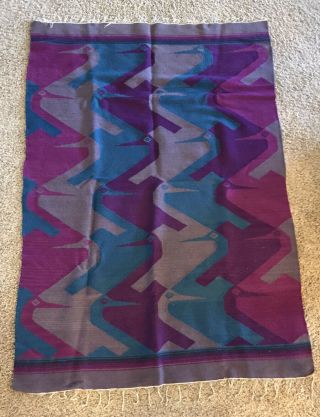 Vintage Handmade Wool Rug W Fringe Hanging Purple Blue Pink So American 47”x87”